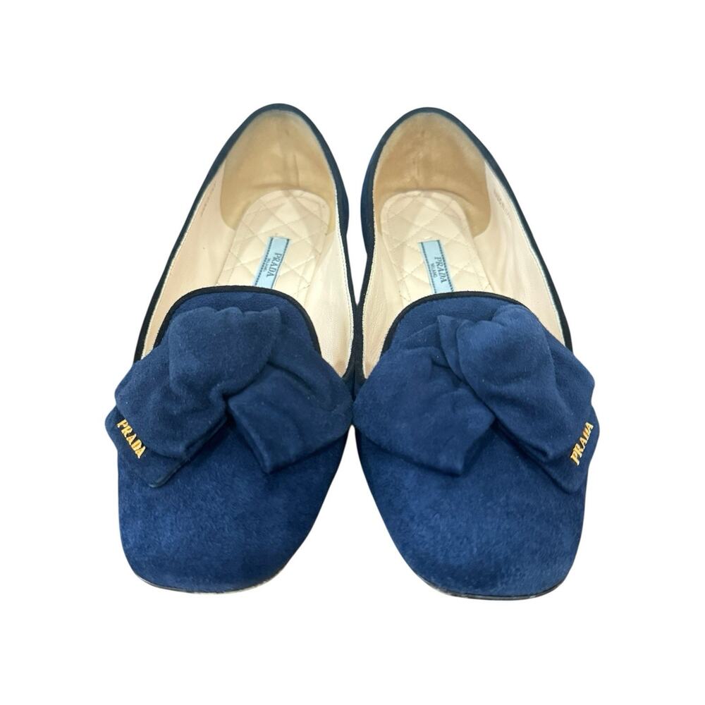 Prada Navy Suede Bow Flats Size 38 EU 8 US Quilted Leather Interior Box Dust Bag